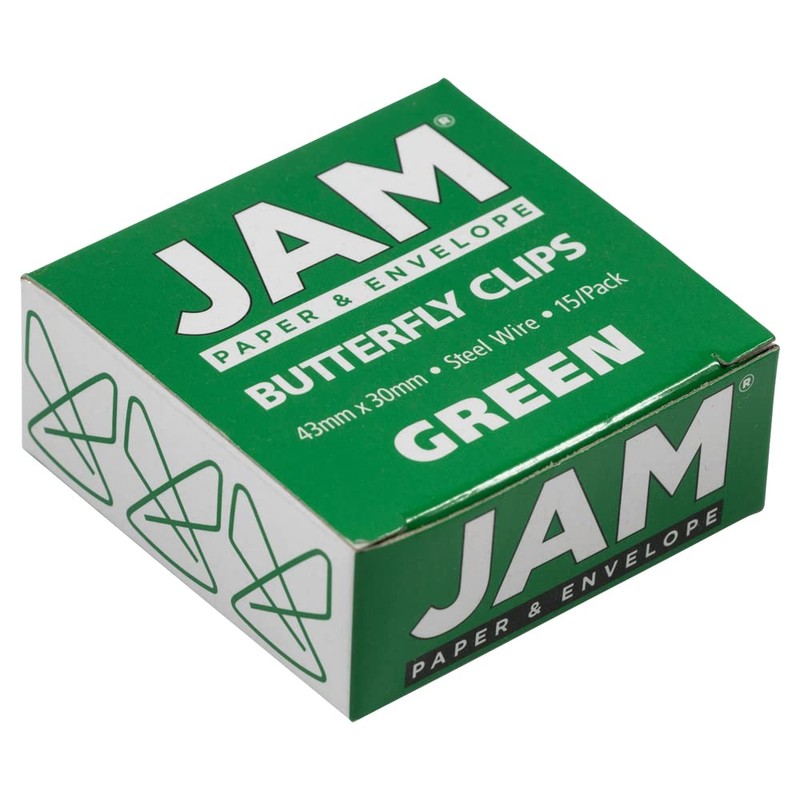 JAM PAPER Colorful Butterfly Clips - Green Paperclips - 15/Pack