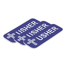 Usher 1 x 3" Name Tag/Badge, Blue, Cross Design (3 Pack)