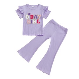 MAHUAOYIXI Baby Girl 2Pcs Birthday Outfits Short Sleeve Letter Embroidery Tops + Flare Pants Set Toddler Girls Clothes Girls Birthday Clothing Set (Purple, 3-4 Years)