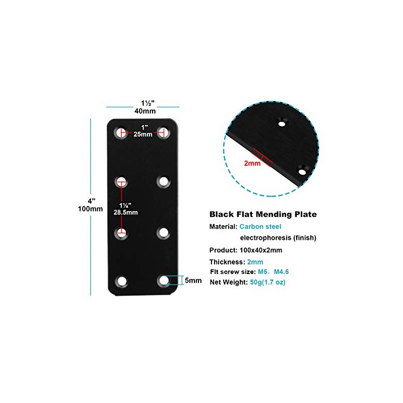OTTFF 20 Pack 4 x 1-1/2" Black Mending Plates, Straight
