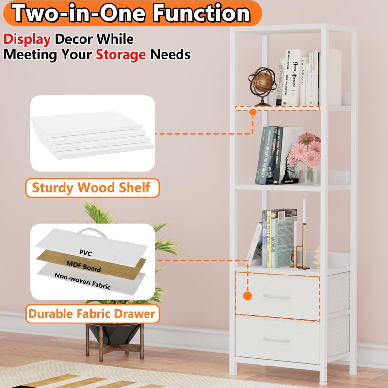 Furnulem 4-Tier Corner Shelf, Bookshelf with 2 Storage Drawers, 57.28”Tall