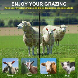 TMEE Electric Goat Sheep Fencing Livestock Netting Fence with 14 Posts, Double Spiked, Portable Mesh for Lambs, Deer, Hogs, Dogs, 35.5" H x 164' L, Green