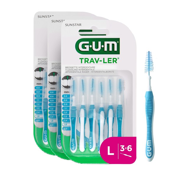 GUM TRAV-LER Interdental Brushes, For Thorough Cleaning of All Interdental Spaces, Bendable Neck, Teeth Cleaning and Plaque Removal, 3 x 6 Pieces (ISO Size 5, 1.6 mm)