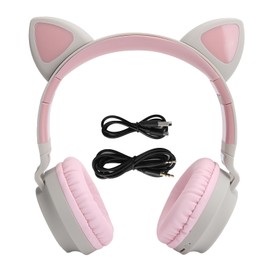 Cat Ear Headphone 3D LED Light Wireless Bluetooth 5.0 Foldable Headsets with MicrophoneGray Pink