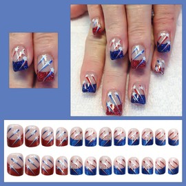 4th of July Press on Nails Short Square False Nails with Patriotic Star French Tip Design Independence Day Acrylic Fake Nails Fourth of July Nude Nail Holiday Party Salon Manicure for Women