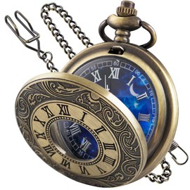 Tiong Bronze Pocket Watch Hollow Blue Starry Design Roman Numerals Vintage Quartz Pocket Watch with Chain Men's Pocket Watch