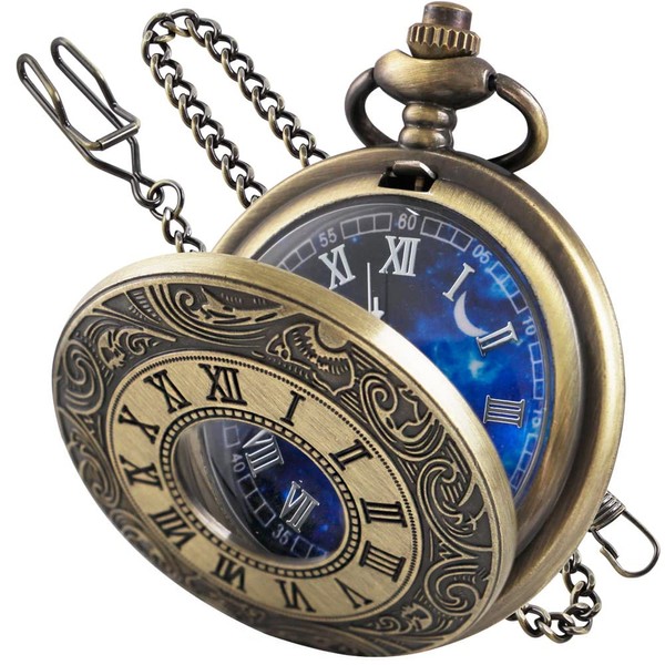 Tiong Bronze Pocket Watch Hollow Blue Starry Design Roman Numerals