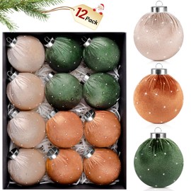 TonJin Christmas Tree Ornaments Velvet Balls 12 Pack, 3.15"/80mm Glitter Shatterproof Hanging Flocked Large Xmas Bulbs Decorations, Lightweight,3 Colors Green Brown Neutral,Holiday Party Home Decor
