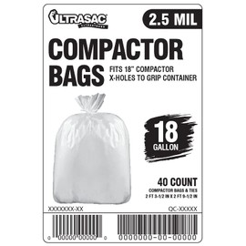 Ultrasac 18 Gallon Compactor Bags (40 Pack with Ties) For 18 Inch Compactors - 28.25" x 33.5" Heavy Duty 2.5 MIL Garbage Disposal Bags Compatible with Whirlpool