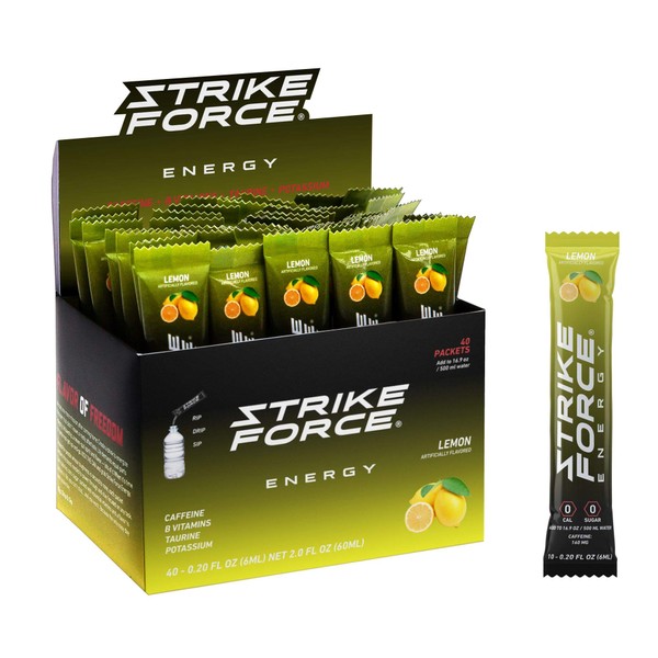 Strike Force Energy Drink Mix - Healthy Water Enhancer + Caffeine, Vitamin b12 & Potassium - Natural Tasting Flavor for Keto, Sugar Free & Vegan Diets. 40 Liquid Energy Packets - Lemon Flavoring