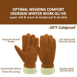 SKYDEER Winter Gloves with Full Premium Genuine Deerskin Suede Leather and Warm Pile Lining for Cold Weather Work and Sports (SD8675T/XL)