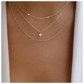 Allereya Vintage Layered Crystal Square Necklace Rhinestone Pendant Necklace Cz Square Choker Necklace Silver Multi Layered Chain Necklace Jewelry for Women and Girls (Silver)