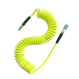 SANFU (PU) Polyurethane Recoil Air Hose 1/4”ID x 50ft with Bend Restrictor,1/4” Industrial Steel Quick Coupler and Plug, Yellow(50’)