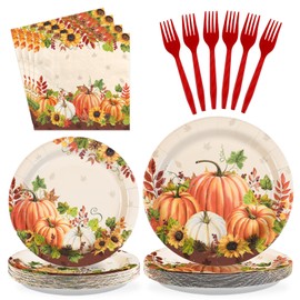 Grencian 96Pcs Fall Pumpkin Sunflower Party Supplies Thanksgiving Plates and Napkins Tableware Sets Vintage Pumpkin Sunflower for Fall Thanksgiving Friendsgiving Party Serves 24