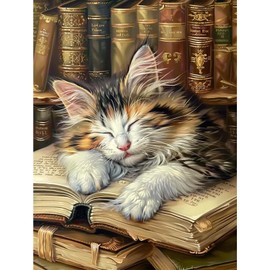 Hlison Cat Diamond Art Kits for Adults, 5D Sleep Cat Diamond Painting Kits with Resin Gems, DIY Embroidery Craft Kits for Home Decor & Gift - 12x16 Inch