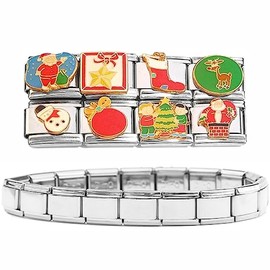 Set of 8 Christmas Italian Charms Plus Starter Braclet - Bulk Gift Set of Holiday Charms Featuring Santa, Snowman, Reindeer, Tree, Star, and More