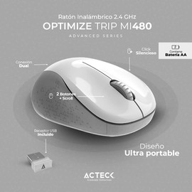 Acteck Mouse Inalambrico 2.4 GHz Optimize Trip MI480 / Diseño Ultra Portable de 1600 dpi s 2 Botones + 1xBat AA Incluida Blanco Advanced Series