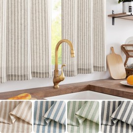 TOPICK Grey Striped Linen Blend Kitchen Curtains for Living Room Bathroom Cupboard Bedroom 30 Inch Drop Pinstripe Cafe Curtains Light Filtering Small Window Drapes Rod Pocket 2 Panels