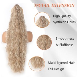 HEVAYO KISS Ponytail Extension Claw 30" Light Blonde Mixed White Pony Tails Hair Extensions Long Wavy Fluffy Natural Synthetic Hairpiece for Women