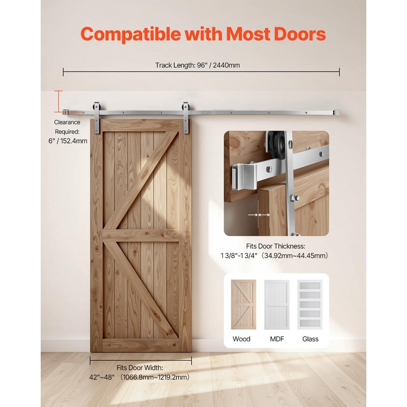 VEVOR 8FT Brushed Nickel Sliding Barn Door Hardware Kit, 330
