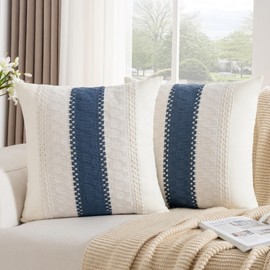 DakTou Cushion Cover 45 x 45 cm, Set of 2 Boho Cotton Cushion Covers, Navy Blue Striped Woven Textured Vintage Ethnic Cushion Cover, Outdoor Cushion, Sofa Cushion, Decorative Cushion Covers