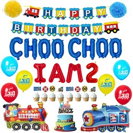 Train 2nd Birthday Party Decorations Supplies for 2 Year Old Boy - Choo Choo Im Two Balloons Happy Birthday Banner for Chugga Chugga Two Two Railroad Party Decorations 2nd Birthday Party Supplies