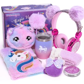 Tacobear Unicorn Gifts Girls Toy Age 5 6 7 8-12 with 3.5mm Wired Headphones Locked Diary Water Bottle Plush Bag Purse Socks Mirror, Christmas Birthday Gift Idea Toys for Teen Girl 6-10+ Years Old