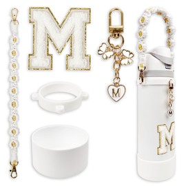 Silicone Boot Cute Monogram Set Compatible with Owala Water Bottle 40 oz - Perfect Letter Owala Accessories for Owala Tumbler, Owala Free Sip, Pink Owala, Black Owala, owala coffee tumbler (White, M)