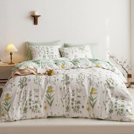 Lanqinglv Bed Linen Set, 200 x 200 cm, Green/White Leaves, Floral Pattern, Plants, Reversible, Colourful, Microfibre, Renforcé Duvet Cover with Zip, 2 Pillowcases, 80 x 80 cm