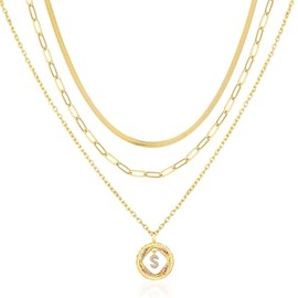 RONYOSTING 3Pcs Layered Gold Necklaces for Women -22k Gold Plated Name Necklaces - Curved Paperclip Link, Serpentine Chain & Custom A-Z Pendant - Waterproof Jewelry Gifts for Birthday Trendy(S)