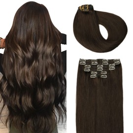 SURNEL Clip in Hair Extensions Human Hair Color 2 Dark Brown 6 Pcs 22inch Long Silky Straight Soft Real Human Hair Clip in Extensions Thick Double Weft 120 Grams (C#2, 22'')