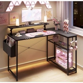 Dowinx 43” Black L-Shaped Gaming Desk w/ Built-in Power Outlets & Pink Cat Accessories