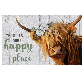 Supwhd Rustic Highland Cow Door Mat, Western Door Mat, Highland Cow Bathroom Rug, This is Our Happy Place Front Door Mat Outdoor Indoor Entrance, Indoor Door Mats for Entryway, 17x30 Inches