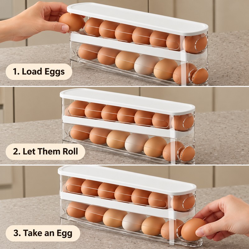 Automatic Rolling Egg Holder for Refrigerator Storage – 2-Tier Space-Saving