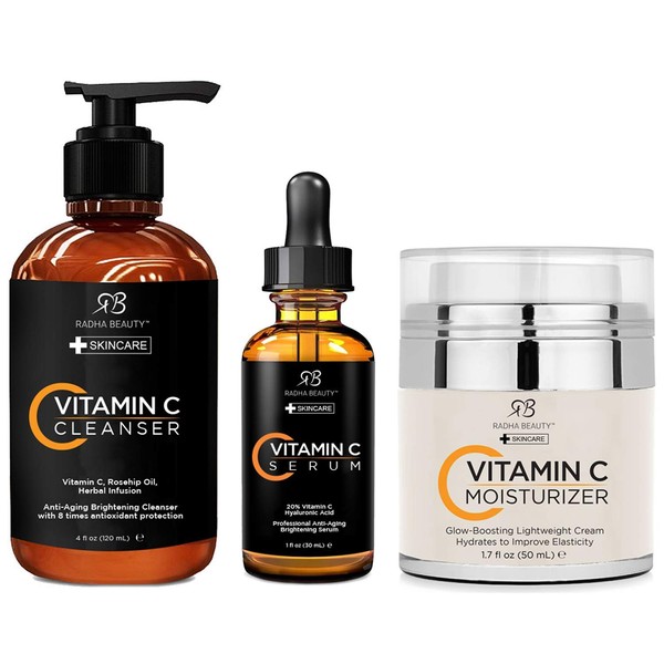 Radha Beauty Vitamin C Complete Facial Care Kit - 3-in-1 Anti-Aging Set with Cleanser, Serum, and Moisturizer for Wrinkles, and Dark Spots. Day & Night Brightening Skincare Gift Set