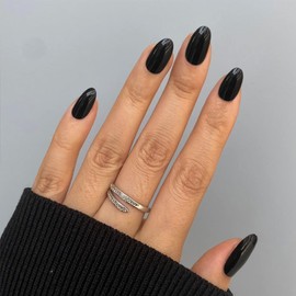 Black Press On Nails Short Oval,Xcreando Almond Fake Nails Glue on Nails Short,Thick Acrylic Nails Press ons,Gel Nails False Nails Short,Pure Color Gel Stick on Nails for Women in 24 PCS