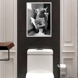 JINZUNRUI JZR-Animal Bathroom Decorative Pictures, Black and White Bathroom Poster A4 Wall Pictures, Highland Cow on Toilet Wall Decoration, Funny Canvas Bathroom Pictures, Without Frame
