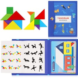 NIWWIN Wooden Magnetic Tangram Puzzle Game Travel Game Mental Exercise IQ Book with Solutions Educational Toy Kids Birthday Gifts for Children Aged (Blue)