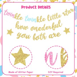 Funmemoir Twins 1st Birthday Decorations for Boys Girls - Twinkle Twinkle Little Star How Onderful You Both Are Banner, Glitter Twins First Birthday Banner for We Are One Birthday Decorations