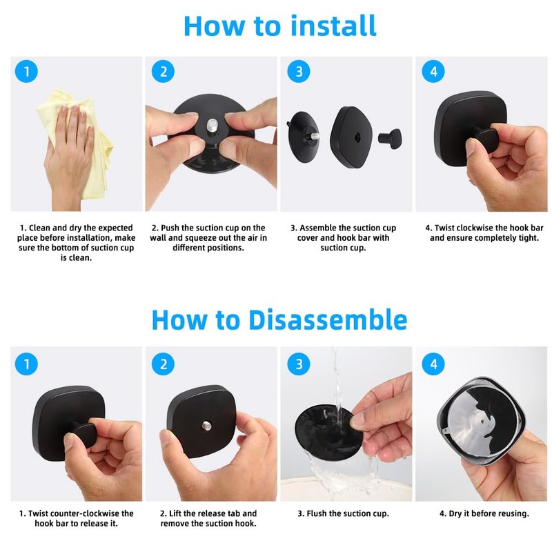 KYOEON Suction Cup Hooks, Pack of 2, Black Wall Hooks,