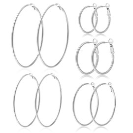 PABBEU 5Pairs Silver Hoop Earrings Large 316L Stainless Steel Earrings Lightweight Silver Earrings Hypoallergenic Big Thin Silver Earrings for Women Girls Boucle Doreille Femme 30/40/50/60/70mm