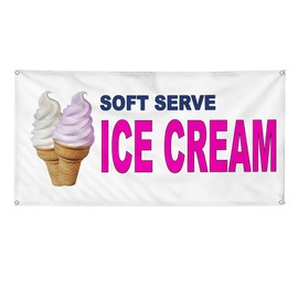 Vinyl Banner Multiple Sizes Soft Serve Ice Cream Blue Pink Food Bar Restaurant Truck Retail Outdoor Weatherproof Industrial Yard Signs 4 Grommets 24x48Inches