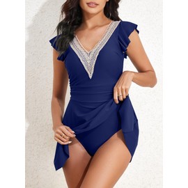 Aleumdr Swim Dress Womens Swimsuits One Piece Tummy Control Skirted Bathing Suits Modest Tankini Swimwear Rompers Swim Suit for Women Blue Medium