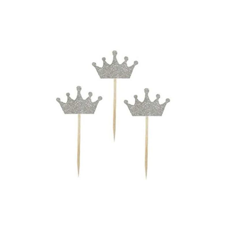 Shiningparty 25 Pack Silver Glitter Crown Cupcake Toppers for Birthday