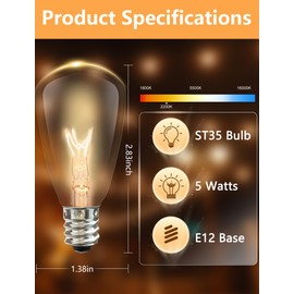 Oviejo 25 Pack Edison Light Bulbs, ST35 Clear Glass Light Bulb Replacement, 5W E12 Screw Base Light Bulbs for Outdoor String Lights Patio Backyard Decor, Warm White