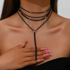 Red Yun En Rhinestone Choker Necklace for Women Silver Black Rhinestone Layered Y Neckalces Layered Choker Neckalces Dainty Fashion Long Tassel Neckalce for Women (Black Style)