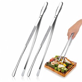 Cooking Tweezers， 2Pcs 12-Inch Stainless Steel ​​Kitchen Tweezers， Kitchen Tongs (30.5cm) with Serrated Tips - Extra-Long Professional Chef Tools for BBQ, Plating, Lab & Gardening
