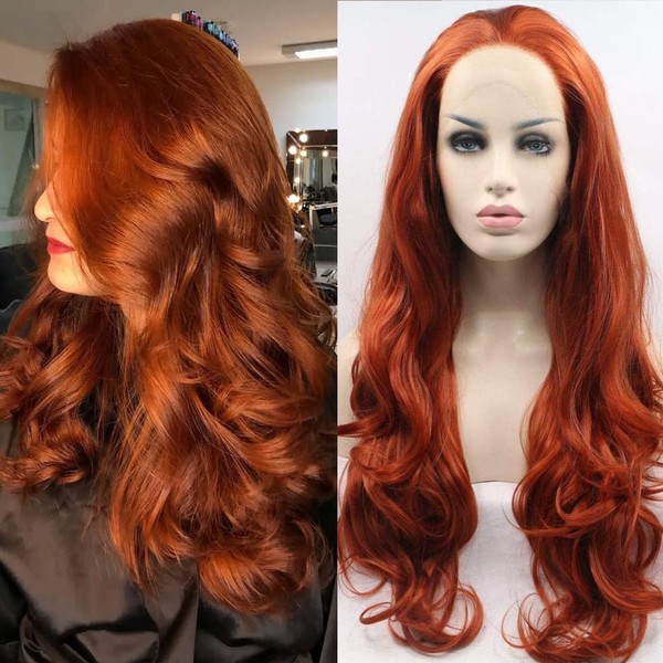 Xiweiya Long Curly Hair Copper Red Synthetic Wig Heat Resistant Free Part Women Wig Natural Hairline Cosplay Party Wig Fashion Makeup