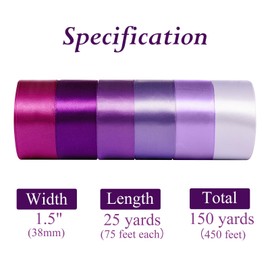 VZZNN 6 Rolls 150 Yards Total Purple Satin Ribbon, 1-1/2 Inch, 25 Yards Each, Solid Color, Multiple Occasions, Polyester, Modern Style, Perfect for Gift Wrapping, Wedding, Floral, Crafts