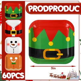 JarThenaAMCS Christmas Paper Plates 9 Inch Santa Elf Snowman Gingerbread Man Square Disposable Plates Dinner Dessert Tableware Holiday Supplies for Home Kitchen Table Decor, 60pcs